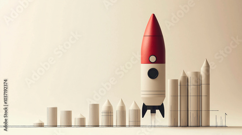 3D rocket launching icon, isolated on pastel background. For business start up concept.