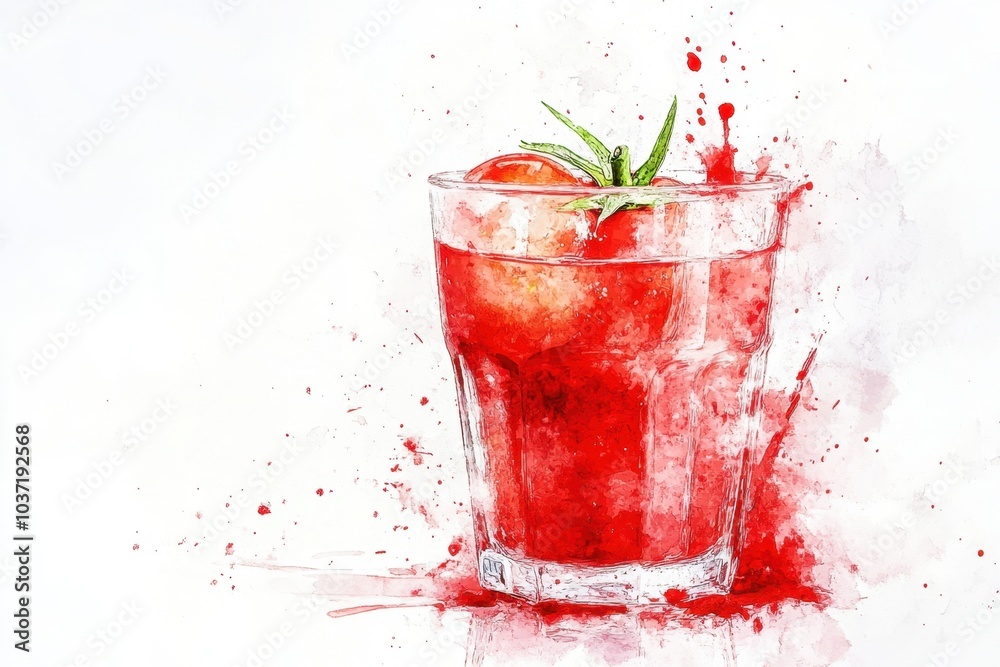 Vivid Abstract Tomato Juice in Glass with Soft Watercolor Red Accents on White Background Vivid Abstract Tomato Juice in Glass with Soft Watercolor Red Accents on White Background