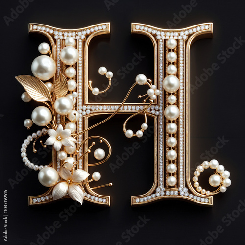 H. The letter of the Latin alphabet in the form of a luxurious openwork jewelry made of gold, decorated with precious stones, diamonds and pearls. On a black background.