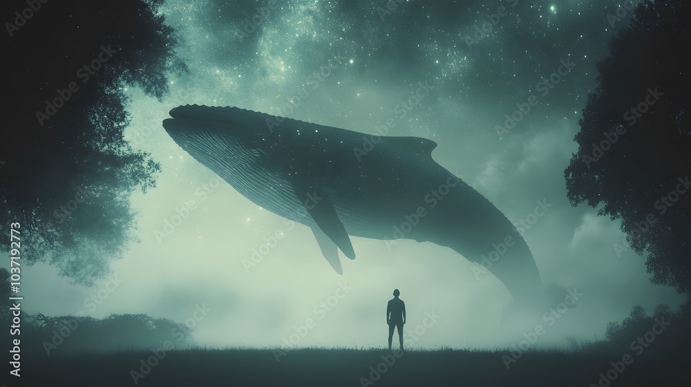 Fototapeta premium A surreal scene of a man standing before a giant glowing whale floating in a mystical, foggy landscape under the stars..