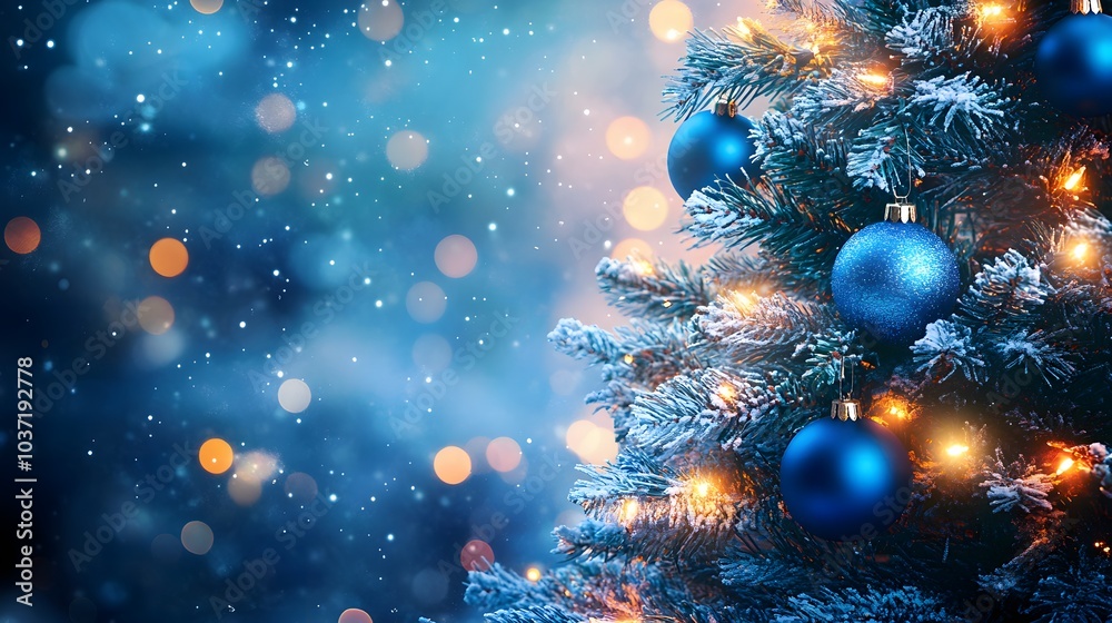 A Snowy Christmas Tree with Blue Ornaments and Warm Lights A Snowy Christmas Tree with Blue Ornaments and Warm Lights
