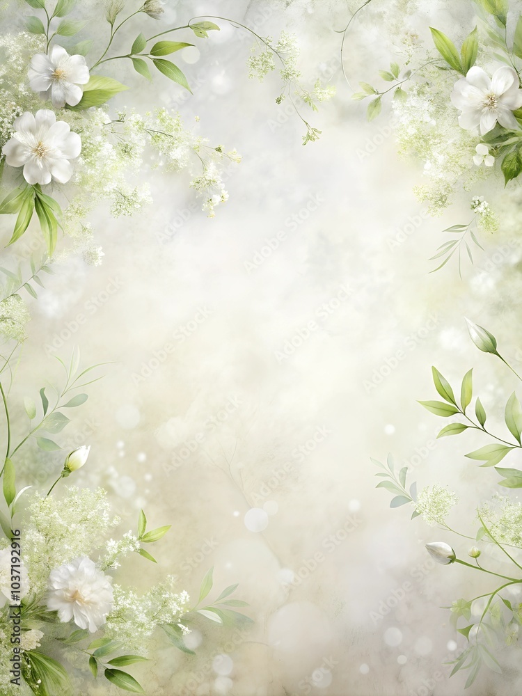 Elegant White Floral Design with Light Green Leaves on a Faded Backdrop Elegant White Floral Design with Light Green Leaves on a Faded Backdrop