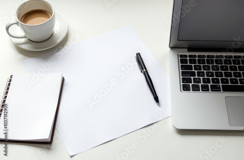 Paper Mockup for Writing on Desk with Laptop, Coffee, and Pen
