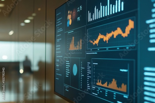 A digital dashboard displaying various business metrics and data analytics, highlighting performance tracking and financial analysis. photo