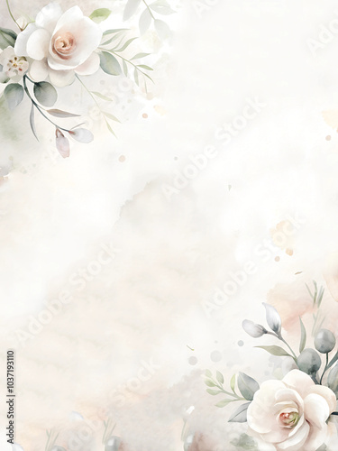 Watercolor Floral Background with Soft White Roses and green leaves