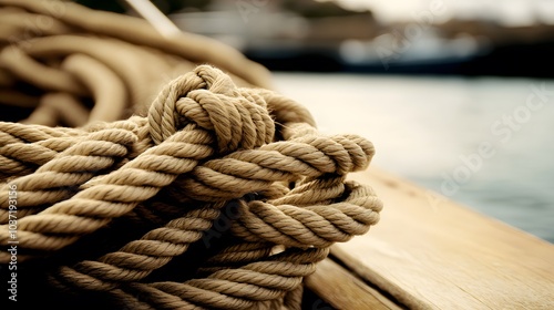 Complex web of interconnected ropes symbolizing intricate business relationships and antitrust challenges, with a focused foreground rope representing the effort to break monopolies.