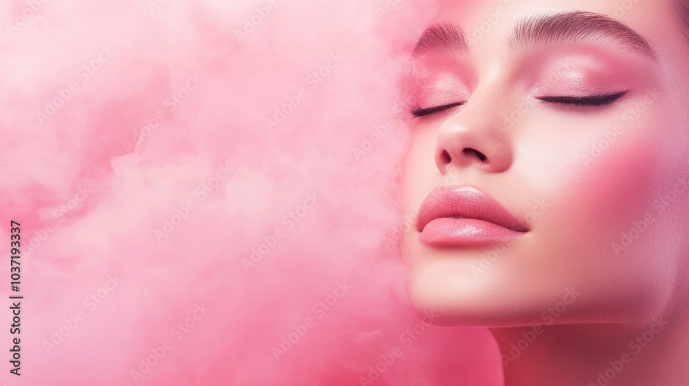 A close-up of a serene woman's face surrounded by pink mist, emphasizing beauty and tranquility. A close-up of a serene woman's face surrounded by pink mist, emphasizing beauty and tranquility.