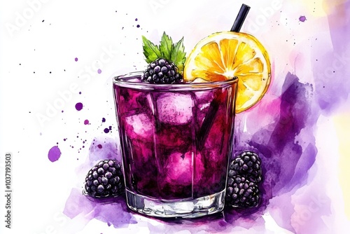 Refreshing Blackberry Lemonade with Purple Watercolor Accents on White Background