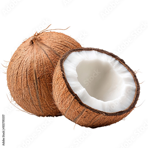 Fresh coconut with cracked shell revealing white, creamy interior, showcasing its natural texture and fibers. Perfect for tropical themes and culinary uses. 