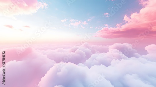 A beautiful landscape of pink and blue clouds at sunset, creating a dreamy and serene sky above the horizon..