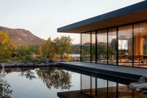 A chic glass pavilion sits harmoniously in a tranquil natural landscape, offering an open view of the surrounding scenery with elegance, simplicity, and modern charm.