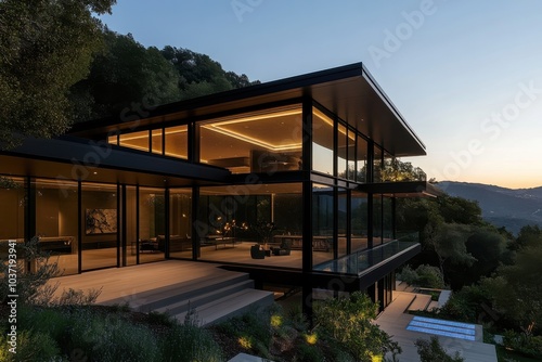 A chic modern home with black frames situated on a scenic hillside, offering expansive views, featuring warm internal lighting against the dusky landscape.