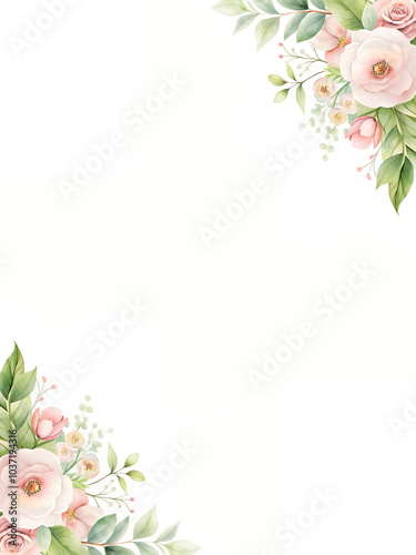 Watercolor pink Roses flower Border with Green Leaves.