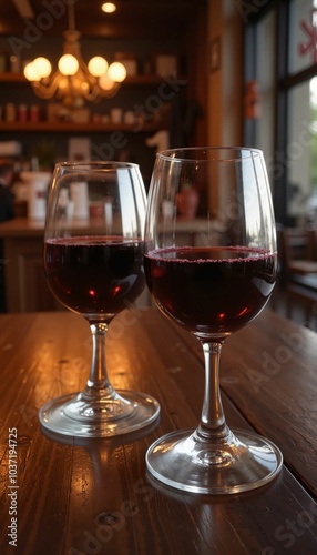 Elegant Red Wine Glasses in Warm Ambient Bar Setting photo