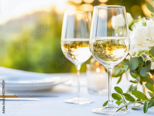 Beautiful outdoor table setting with white flowers for a dinner, wedding reception or other festive event 