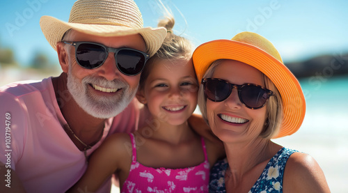 Couple de seniors heureux avec leur petite fille à la plage, portant lunettes de soleil et chapeaux, souriant à l'appareil photo par une journée ensoleillée.