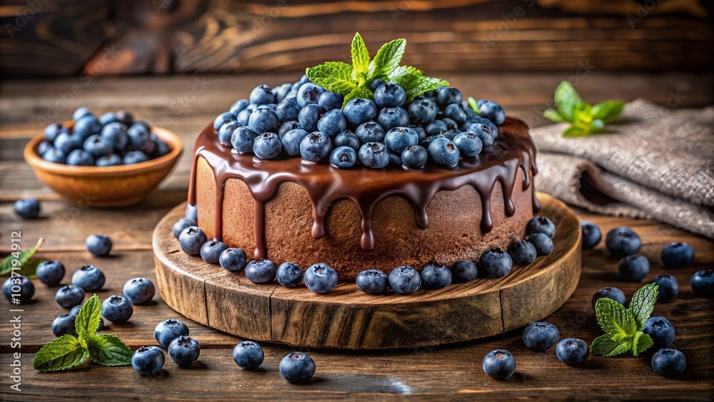 Delicious Chocolate Icing Cake with Fresh Blueberries and a Splash of Berries for Dessert Lovers
