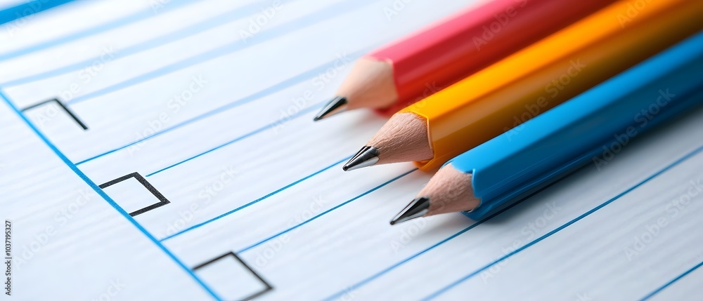 A close-up of colored pencils arranged neatly on a blank sheet of paper, perfect for creative and educational projects. A close-up of colored pencils arranged neatly on a blank sheet of paper, perfect for creative and educational projects.