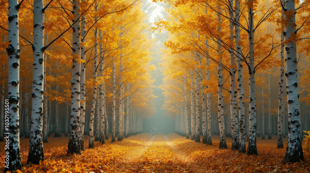 Obraz premium Stunning Autumn Aspens and Birch Trees in Golden Fall Forest: Nature Photography, Scenic Landscapes, and Colorful Foliage Background