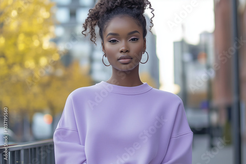 Light Lavender Sweatshirt Mockup, Black Woman with Natural Hair, Streetwear photo