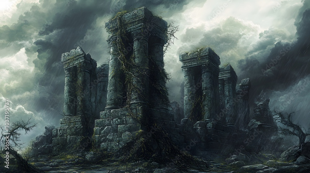 Ancient Ruins Under a Stormy Sky: Gloomy, atmospheric image of ancient stone ruins overtaken by nature under a dramatic, stormy sky. Perfect for fantasy, history, or mystery themes. Ancient Ruins Under a Stormy Sky: Gloomy, atmospheric image of ancient stone ruins overtaken by nature under a dramatic, stormy sky. Perfect for fantasy, history, or mystery themes.