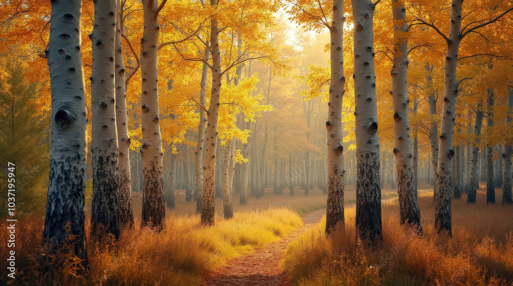 Fototapeta premium Stunning Autumn Aspens and Birch Trees in Golden Fall Forest: Nature Photography, Scenic Landscapes, and Colorful Foliage Background