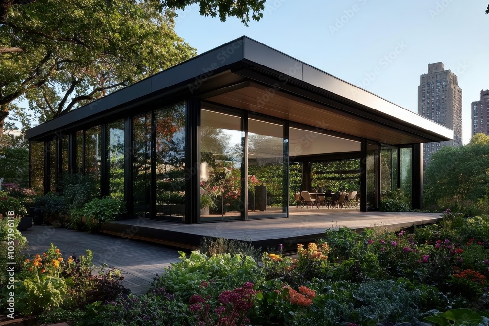 A sleek modern house with large glass windows, nestled in a vibrant garden, offering a seamless indoor-outdoor living space amidst a cityscape backdrop. A sleek modern house with large glass windows, nestled in a vibrant garden, offering a seamless indoor-outdoor living space amidst a cityscape backdrop.