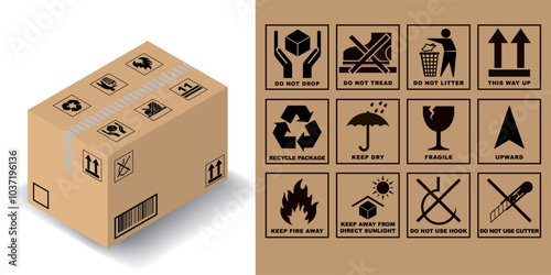 vector illustration set of packaging symbols, warning, fragile, recycle, stay away from fire