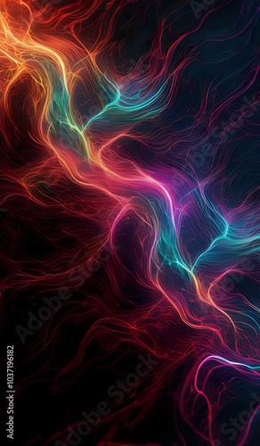 Colorful wavy neon lines background on black