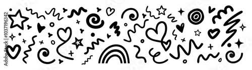 Black squiggly lines in childish doodle style.. Simple scribbles, spirals and shapes wallpaper.