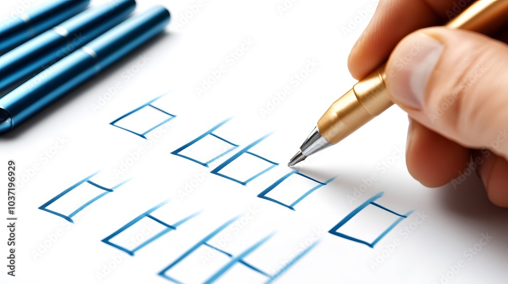 A hand holding a golden pen, marking checkboxes on a sheet of paper, conveying organization and planning. A hand holding a golden pen, marking checkboxes on a sheet of paper, conveying organization and planning.