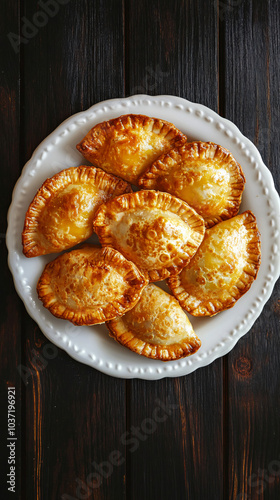 Freshly baked empanadas arranged beautifully on a white plate on a rustic wooden table, filled with meat, chicken, and cheese, exuding a delicious aroma