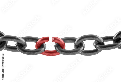 Metal chain with red broken link isolated on white background, concept of freedom photo
