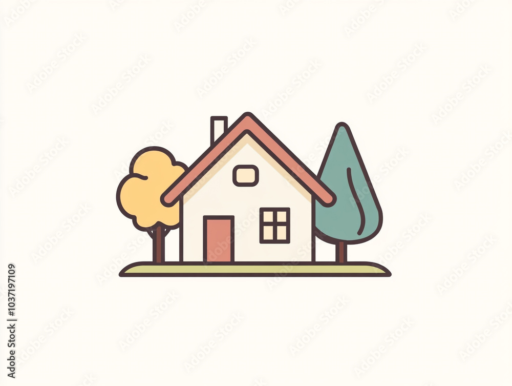Flat logo of a simple house, minimal graphic design with a pastel color palette and white background. Flat logo of a simple house, minimal graphic design with a pastel color palette and white background.