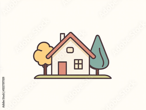 Flat logo of a simple house, minimal graphic design with a pastel color palette and white background. 