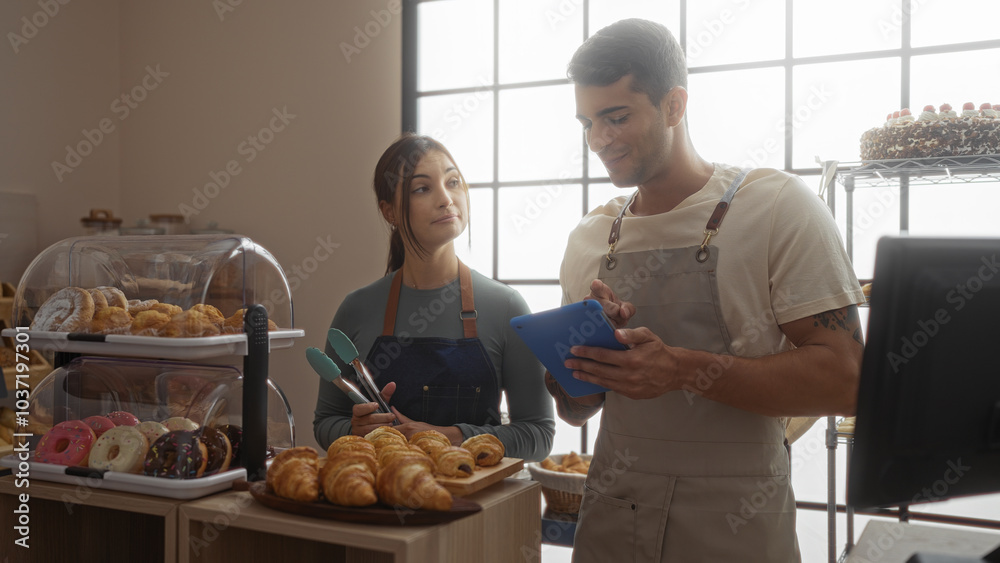 Man and woman in bakery wearing aprons working together with pastries on display and using digital tablet indoors Man and woman in bakery wearing aprons working together with pastries on display and using digital tablet indoors
