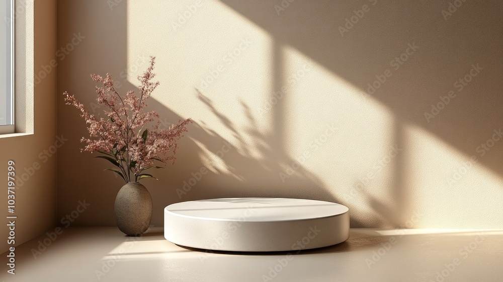A minimalist interior scene featuring a vase with flowers and a circular pedestal. A minimalist interior scene featuring a vase with flowers and a circular pedestal.