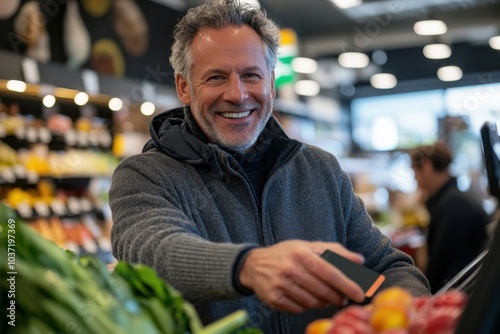 Smiling broadly, a grocer with gray hair completes a sale, surrounded by fresh produce at a busy, lively supermarket, creating a joyful shopping experience. photo