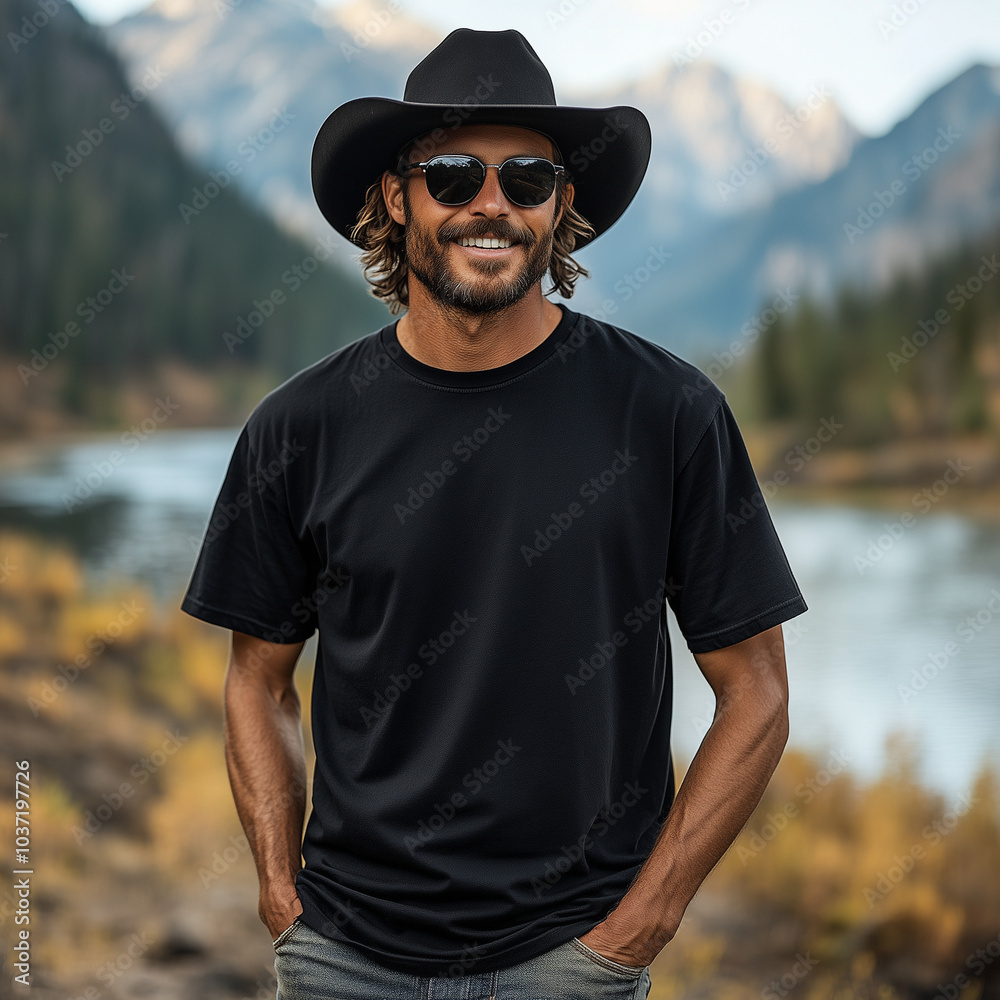mockup of a black t-shirt, a man on a background of mountains and rivers or forests mockup of a black t-shirt, a man on a background of mountains and rivers or forests