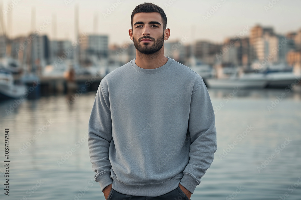 Slate Grey Sweatshirt Mockup, Middle Eastern Man with Beard, Fashion Apparel Design
