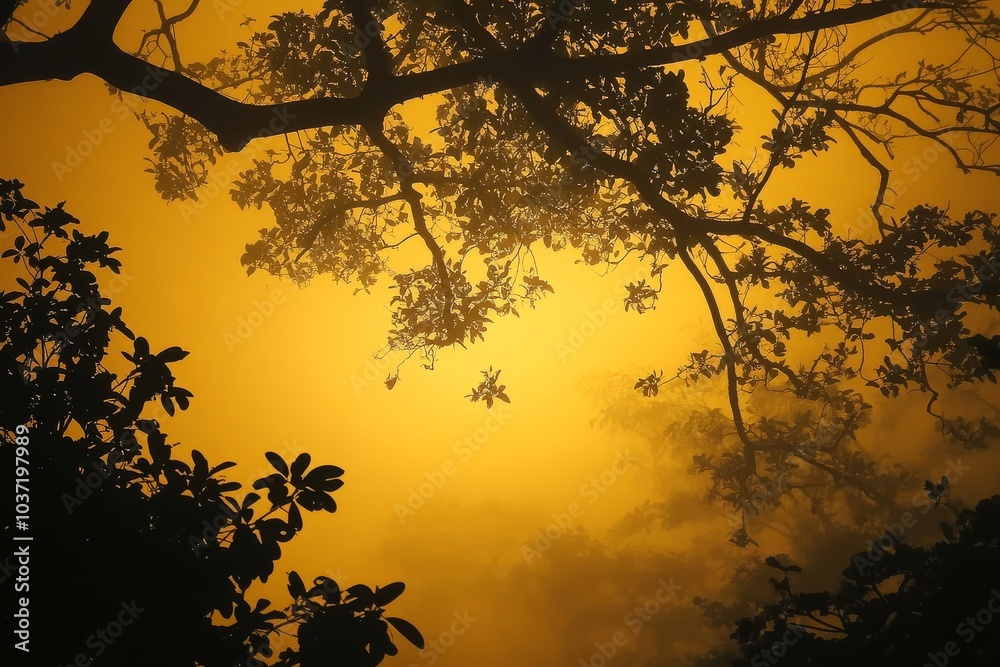 Fototapeta premium A misty yellow night sky with silhouettes of trees in the foreground and branches hanging down, creating a mysterious and atmospheric scene.