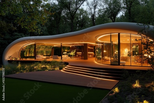 A contemporary minimalist house with ambient lighting, showcasing a unique architectural design that harmonizes with its verdant setting. Curved structures captivate attention.