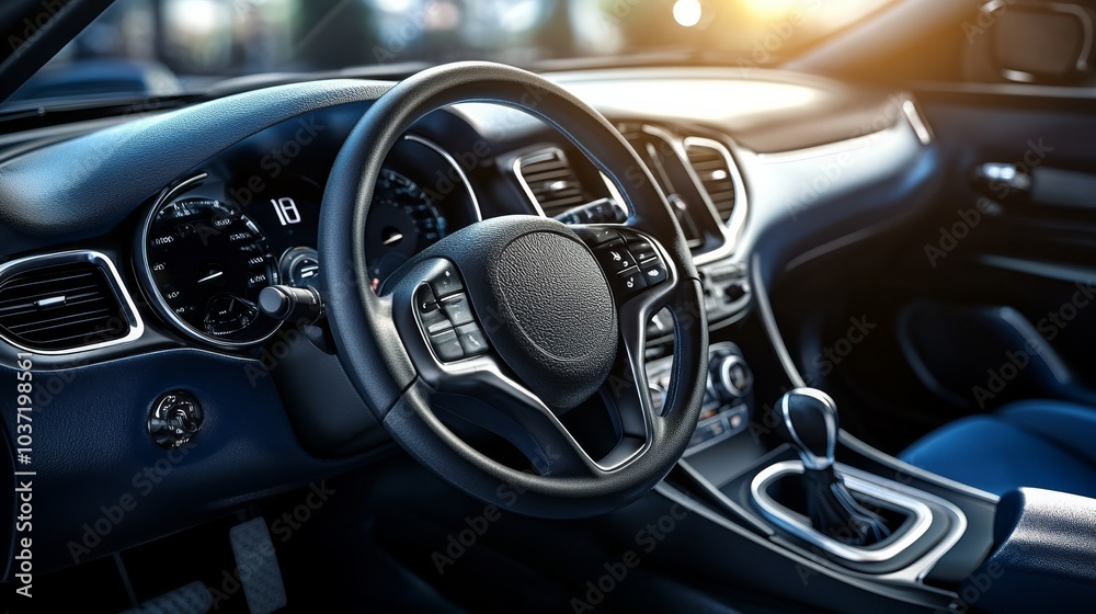 A modern car interior featuring a leather steering wheel, dashboard controls, and sleek design, illuminated by soft sunlight. A modern car interior featuring a leather steering wheel, dashboard controls, and sleek design, illuminated by soft sunlight.
