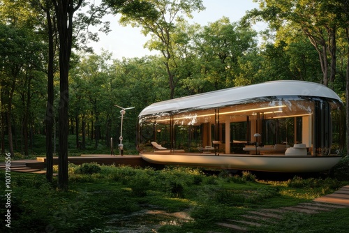 This streamlined eco-pod home, with its panoramic windows and modern furnishings, nestles within a dense forest, emphasizing sustainability and design.