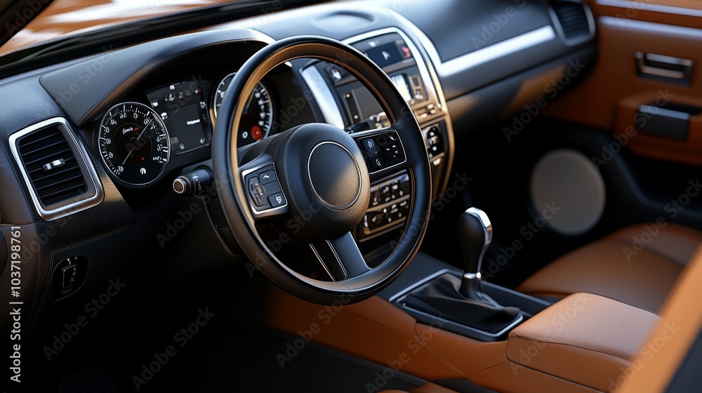 A sleek car interior featuring a modern dashboard, leather seats, and an elegant steering wheel, highlighting luxury and comfort. A sleek car interior featuring a modern dashboard, leather seats, and an elegant steering wheel, highlighting luxury and comfort.