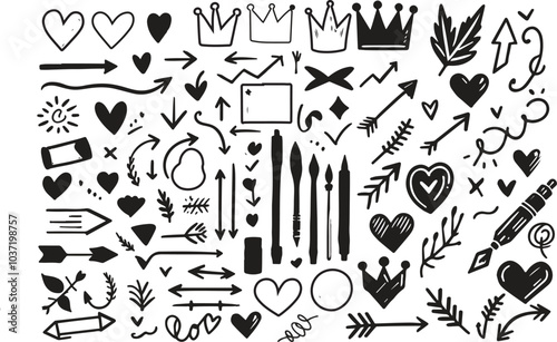 Line shape marker underline, arrow, heart brush element chalk set. Hand drawn sketch marker underline shape, arrow, heart scribble brush chalkboard. Crown, love graphic icon. Vector illustration