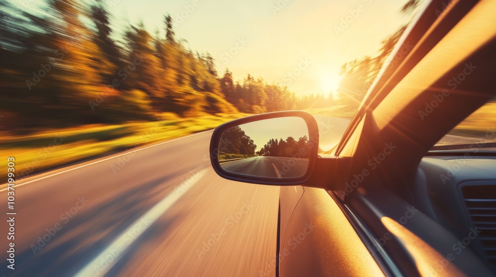 Obraz premium A car drives along a scenic road at sunset, with trees lining the route and a view of the horizon in the side mirror.