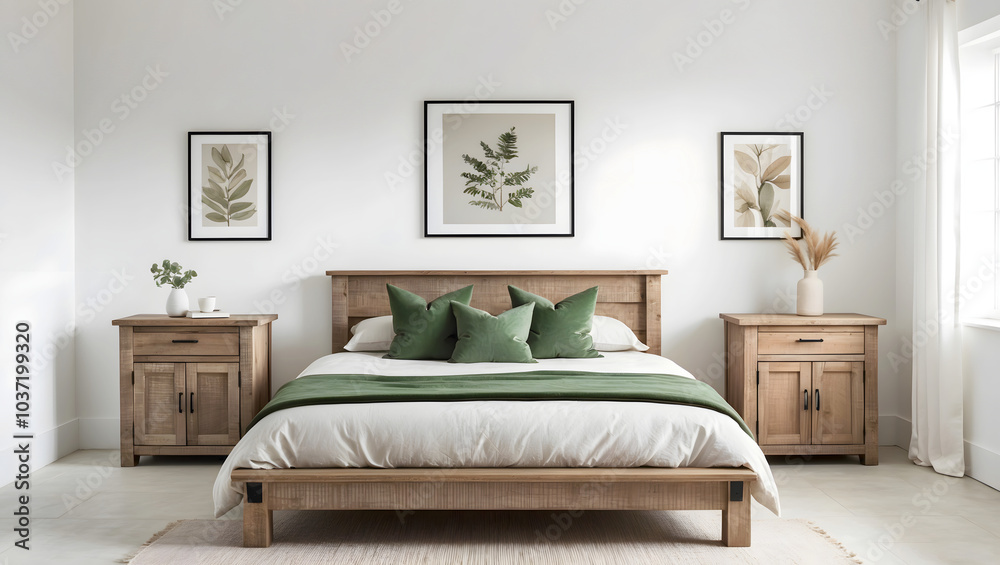 Rustic wooden bed with green pillows and nature-themed artwork in minimalist bedroom Rustic wooden bed with green pillows and nature-themed artwork in minimalist bedroom