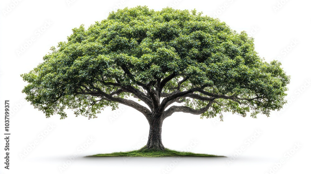 A lush green tree with a broad canopy on a white background. A lush green tree with a broad canopy on a white background.