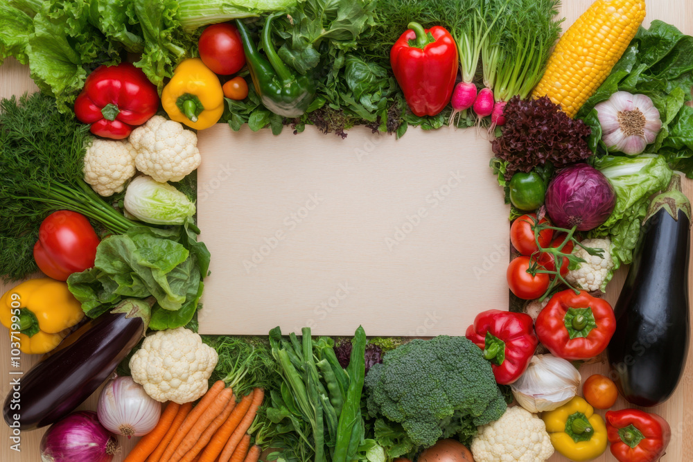 Fresh vegetables frame blank space, showcasing vibrant assortment of colorful produce including peppers, carrots, and leafy greens, perfect for healthy meals Fresh vegetables frame blank space, showcasing vibrant assortment of colorful produce including peppers, carrots, and leafy greens, perfect for healthy meals
